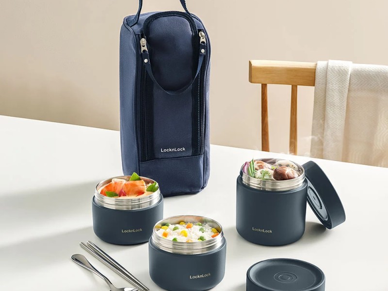 Bộ Hộp Cơm Giữ Nhiệt Locknlock Pump Vacuum Lunch Box (300Mlx2, 500Mlx1, Bộ Đũa Và Thìa, Túi) - Màu Xanh Navy 