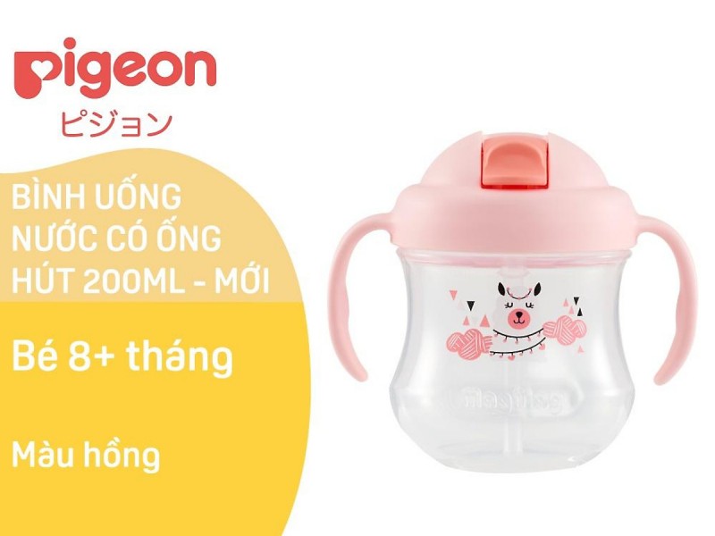 Bình Uống Nước Tay Cầm Có Ống Hút Màu Hồng Pigeon 150Ml