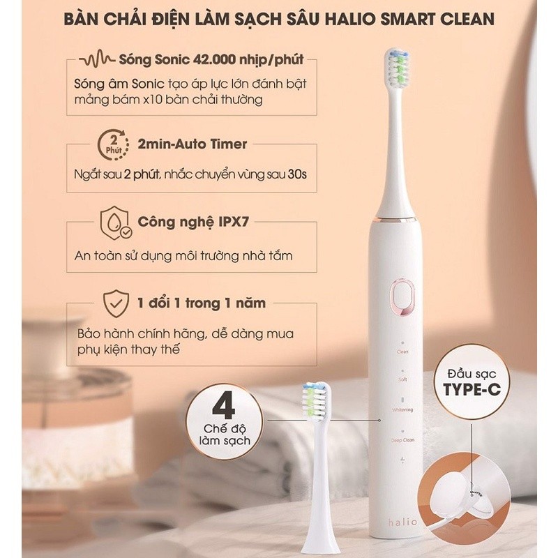 Bàn chải điện làm sạch sâu Halio Sonic Smartclean Electric Toothbrush