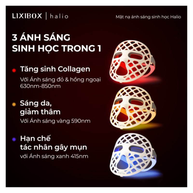 Mặt Nạ Ánh Sáng Sinh Học Halio PureGlow Ultralite Silicone LED Face Mask tặng Máy Massage Nóng Lạnh Đẩy Tinh Chất Halio