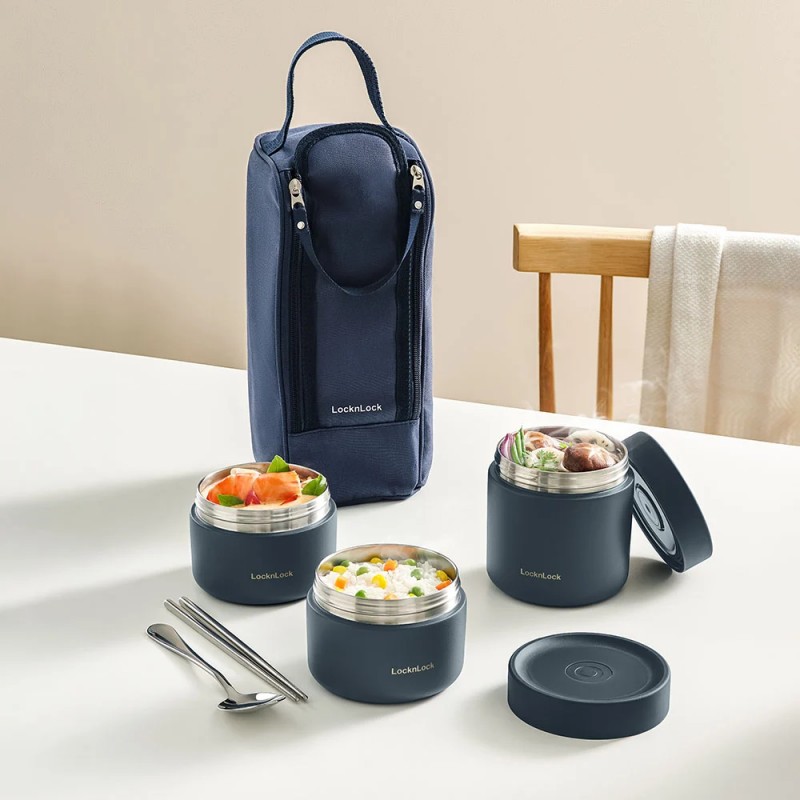 Bộ Hộp Cơm Giữ Nhiệt Locknlock Pump Vacuum Lunch Box (300Mlx2, 500Mlx1, Bộ Đũa Và Thìa, Túi) - Màu Xanh Navy 